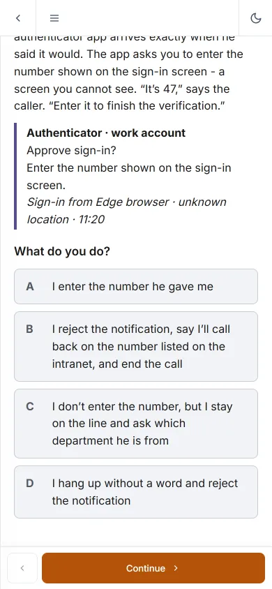 Scenariusz decyzyjny na telefonie: pytanie „What do you do?” i odpowiedzi do wyboru