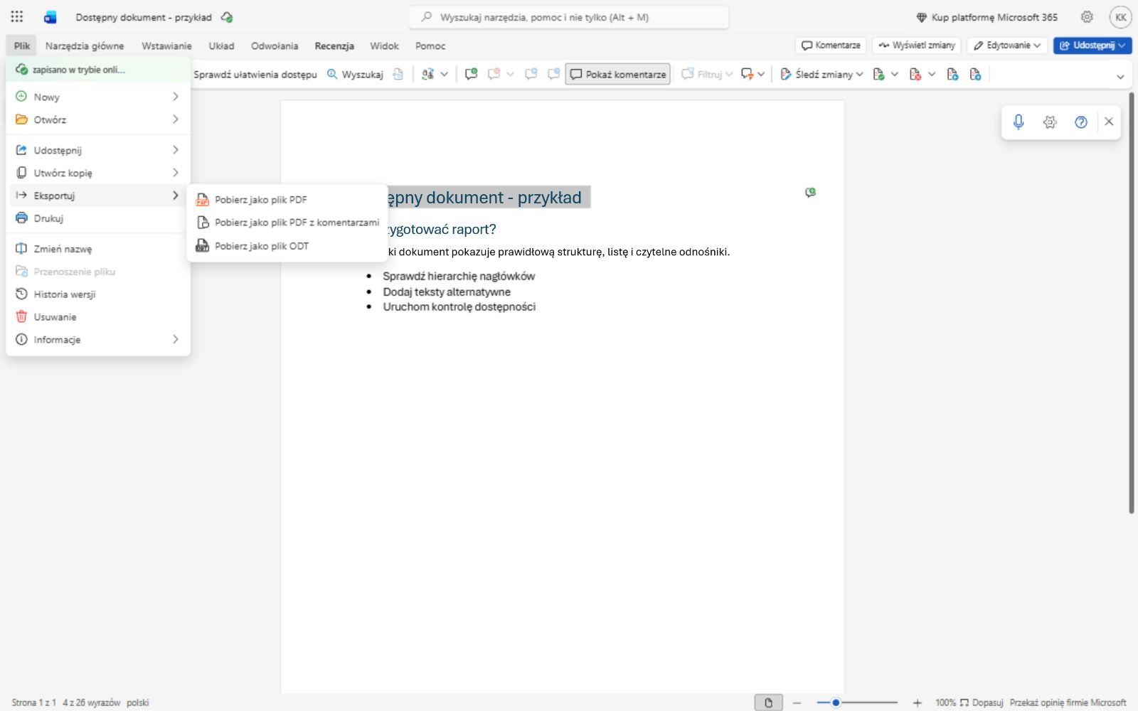 Menu Plik i Eksportuj w Wordzie online z wybraną opcją Pobierz jako plik PDF.