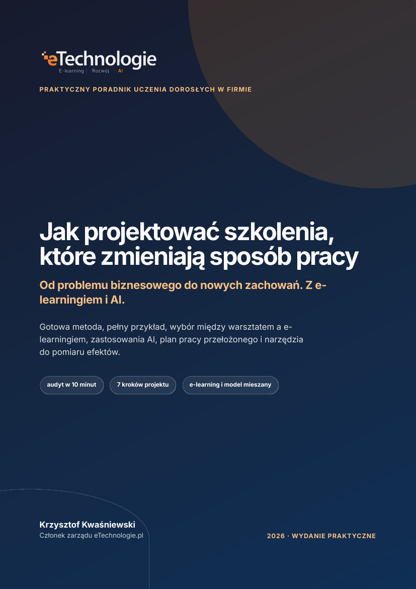 Okładka ebooka „Jak projektować szkolenia, które zmieniają sposób pracy” - praktyczny poradnik eTechnologie