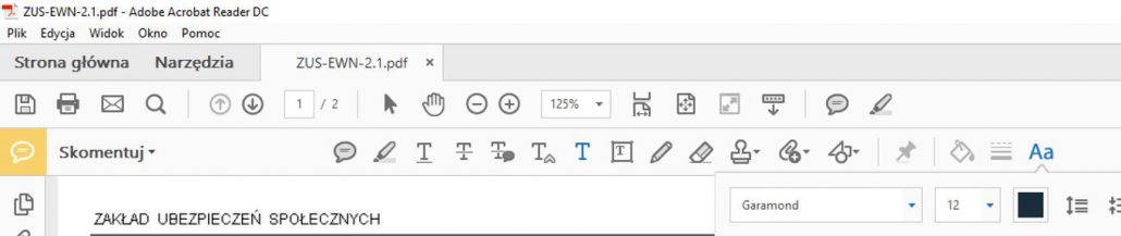 Pasek edycji PDF - dodaj komentarz tekstowy