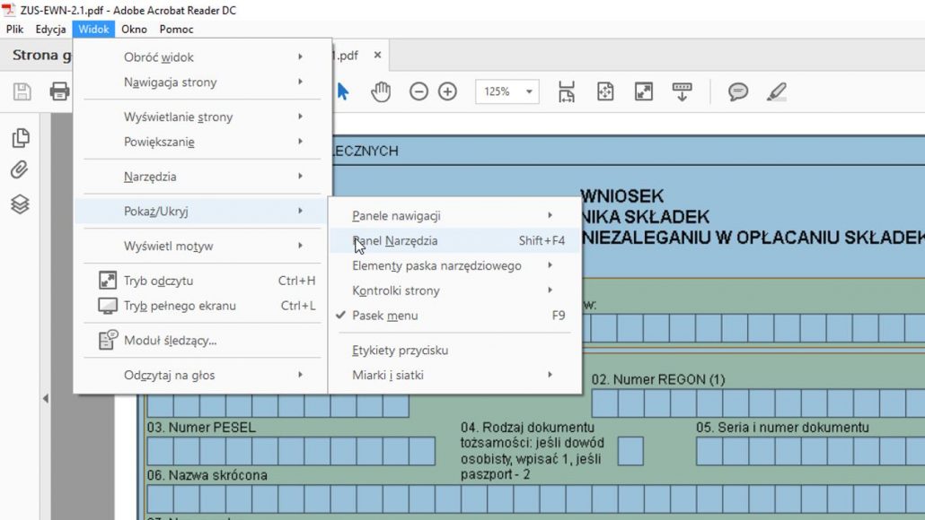 Panel narzędzia w Acrobat Reader
