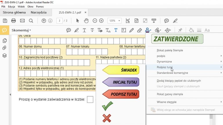 Dodawanie stempli w acrobat reader